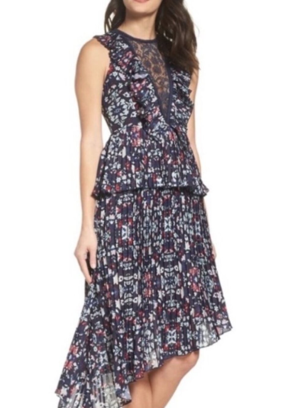 NWT Anthropologie Foxiedox Navy Asymmetrical Peplum Pleated Midi Dress. Size M